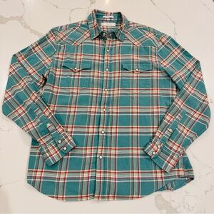 Lucky Brand Green Teal Plaid Flannel Pearl Snap Shirt Mens M Cowboy Western